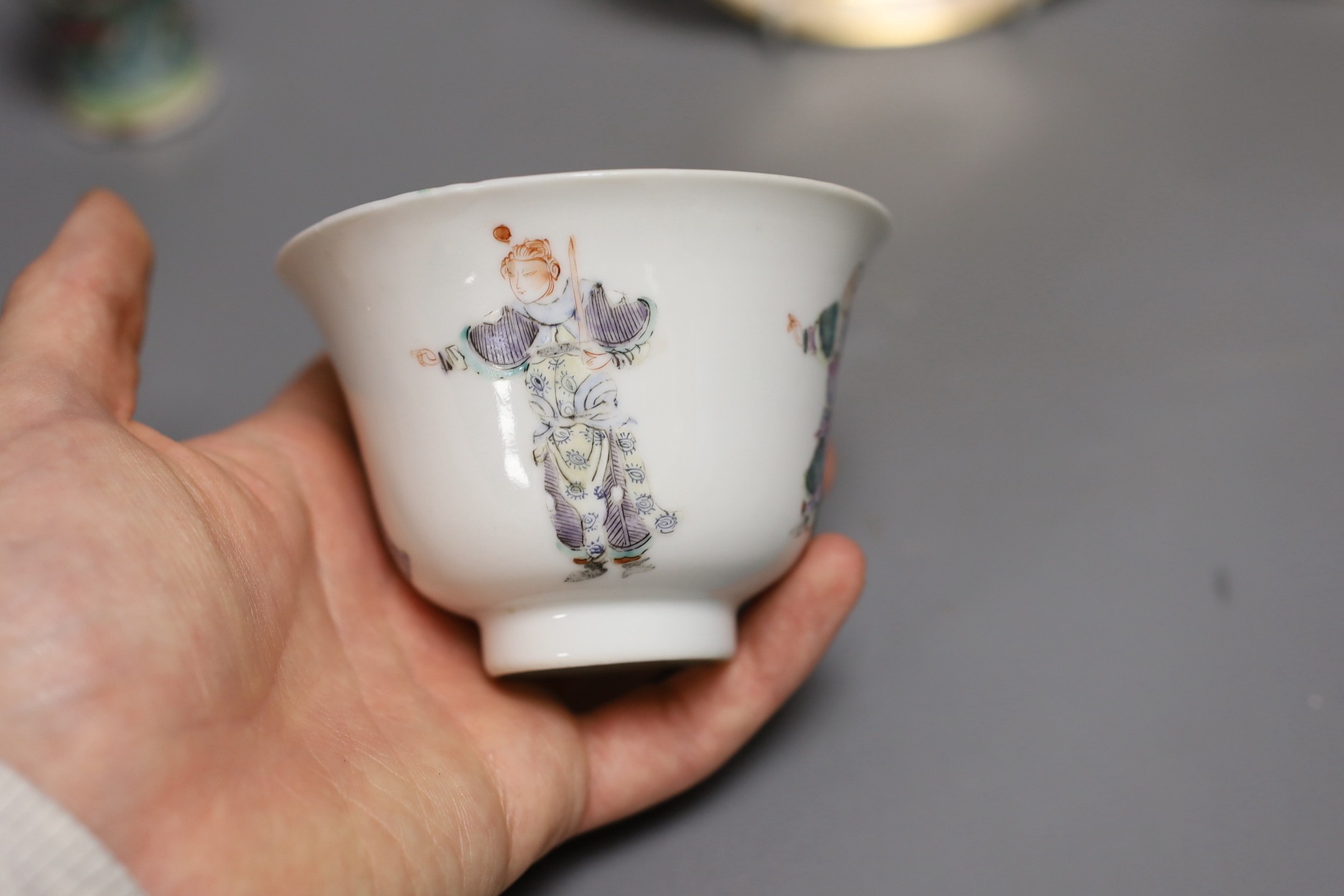 A Chinese famille rose tea bowl, similar small vase and a London shape coffee cup and saucer